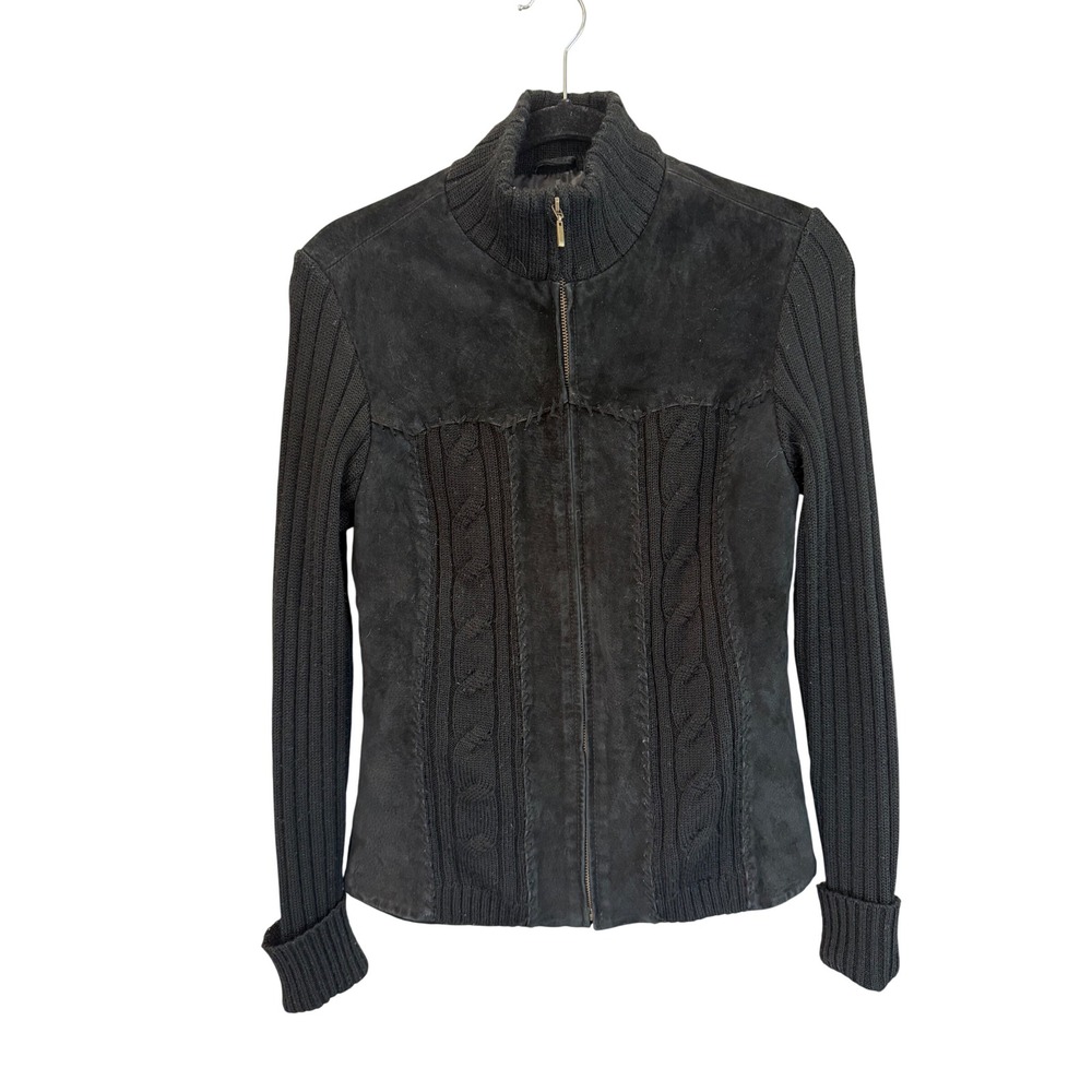Coldwater Creek Black Suede Leather Cable Knit Zip Up Cardigan Jacket Small